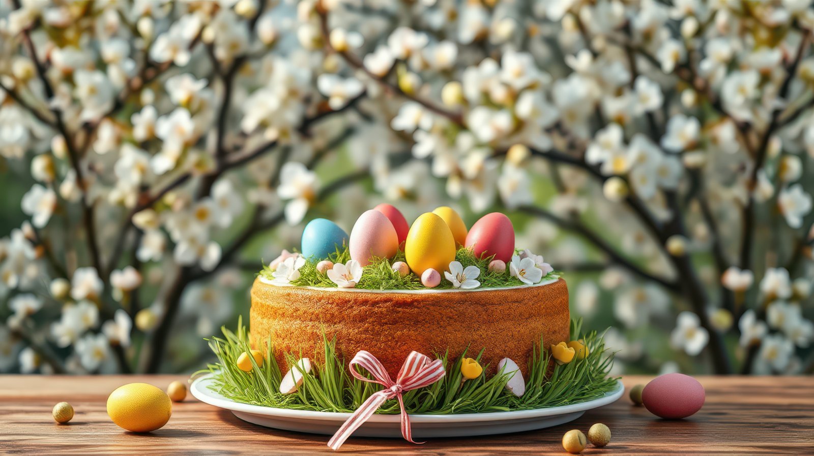 Colorful Easter cake adorned with eggs and flowers against a blooming spring background